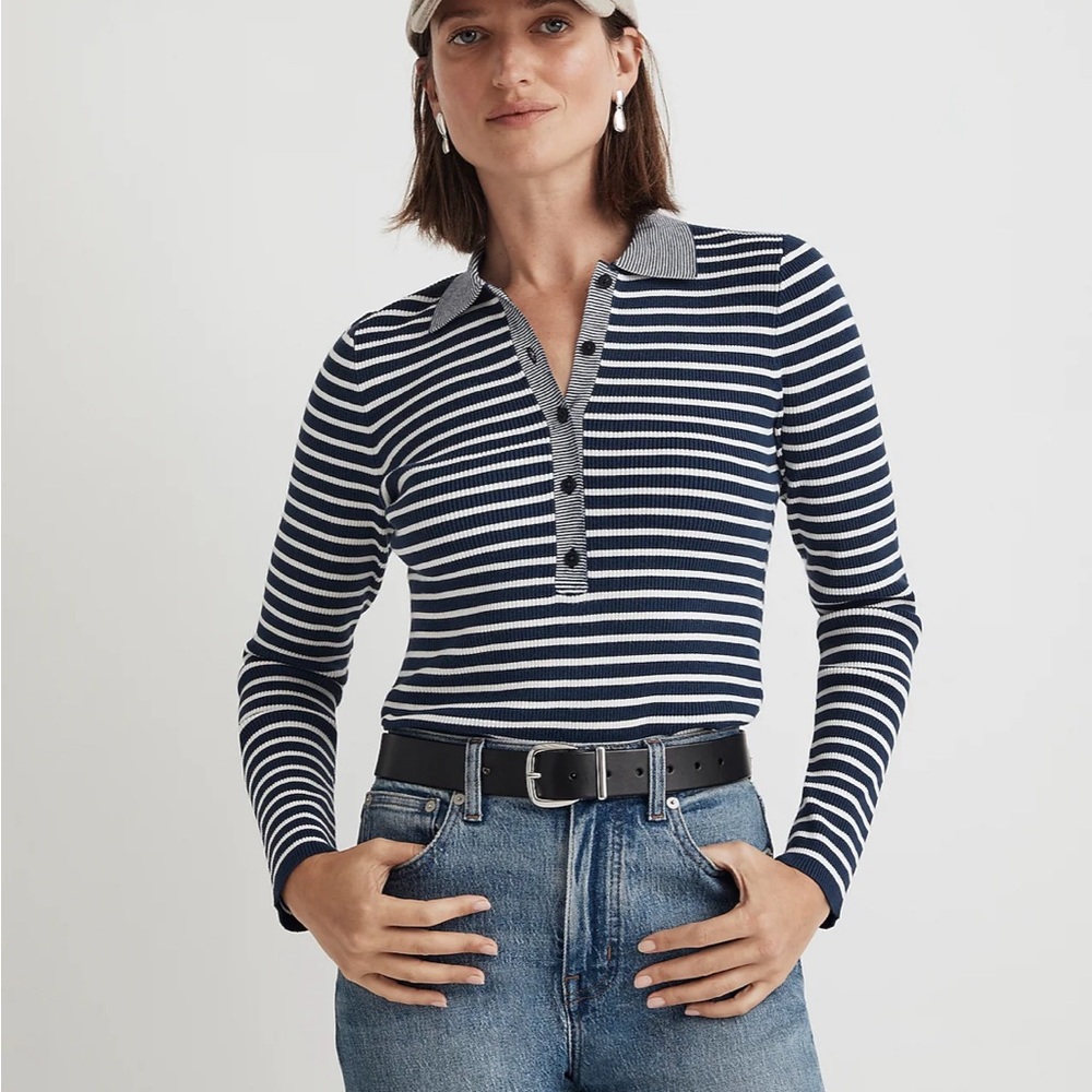 Madewell The Signature Knit Polo Sweater Top in Stripe NWT retails $90